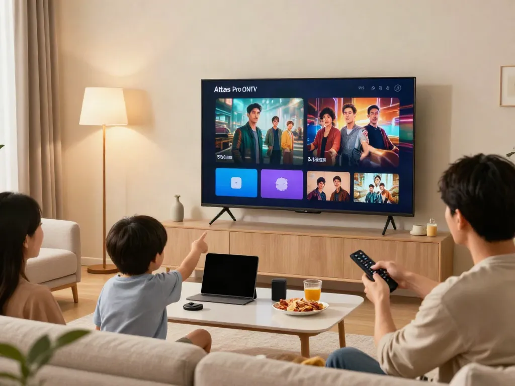 Famille profitant de l'application Atlas Pro ONTV dans un salon convivial.