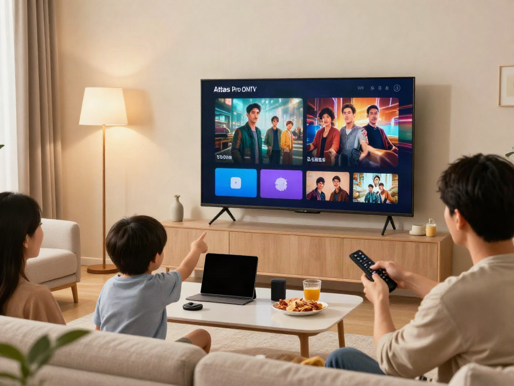 Famille profitant de l'application Atlas Pro ONTV dans un salon convivial.