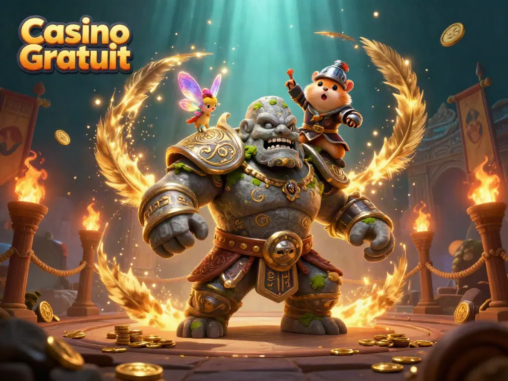 Découvrez Casino Gratuit avec un golem ancien, une fée, et un hamster chevalier dans une scène magique.