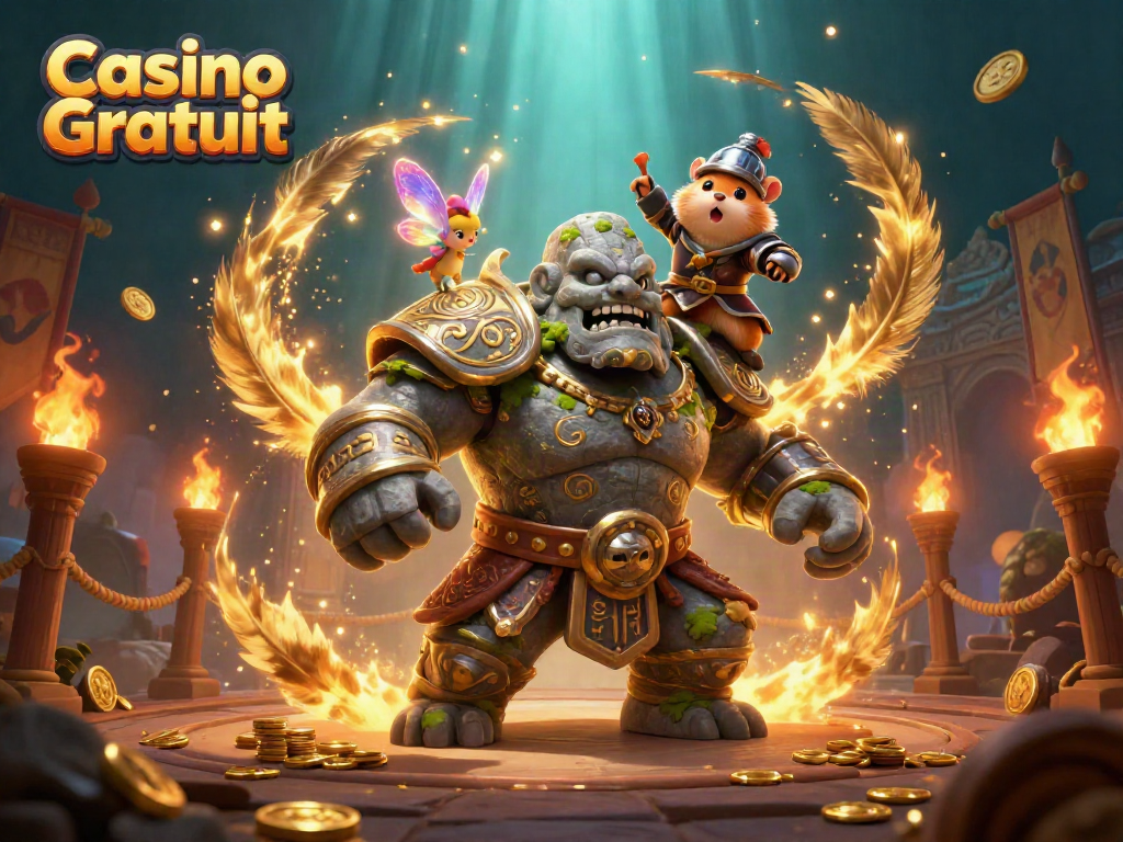 Découvrez Casino Gratuit avec un golem ancien, une fée, et un hamster chevalier dans une scène magique.