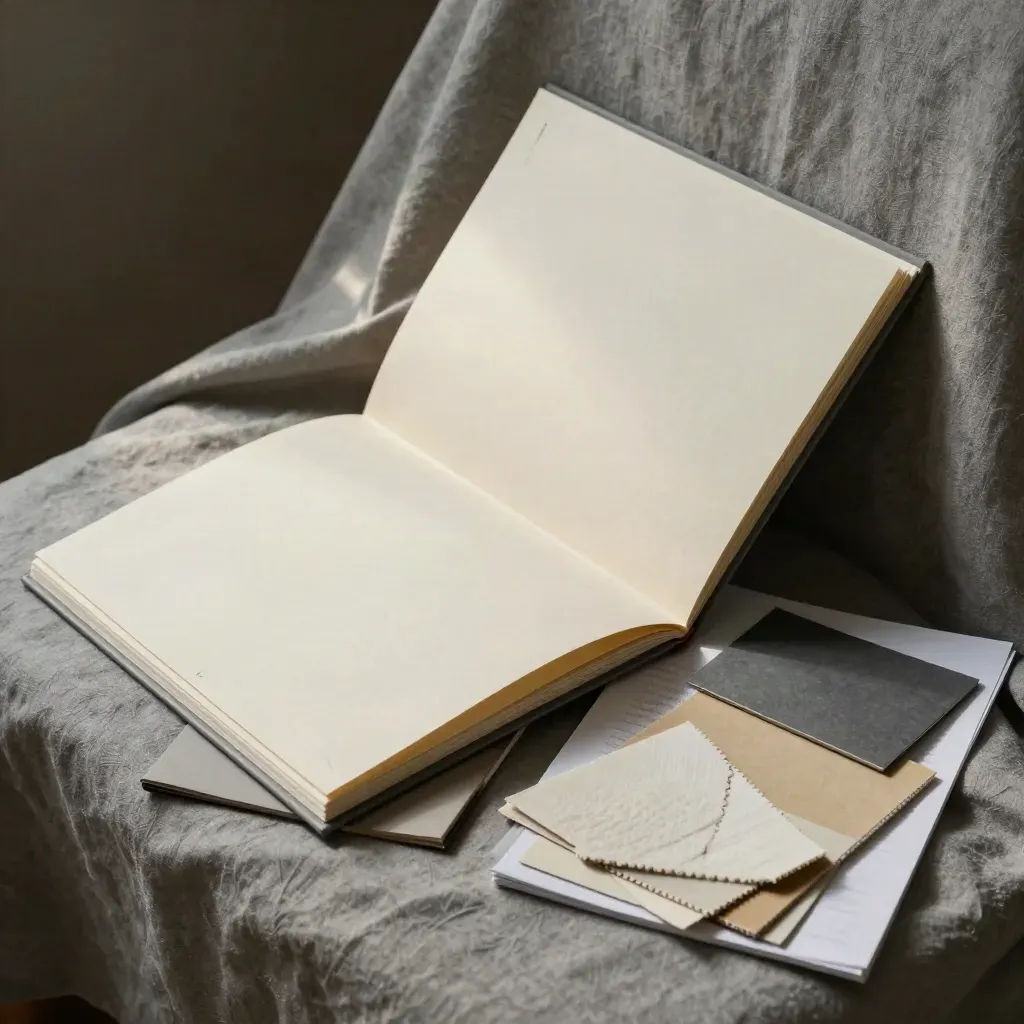 Dossier d’audit de marque en toile crème, ouvert sur lin gris, cartes et échantillons de papier.