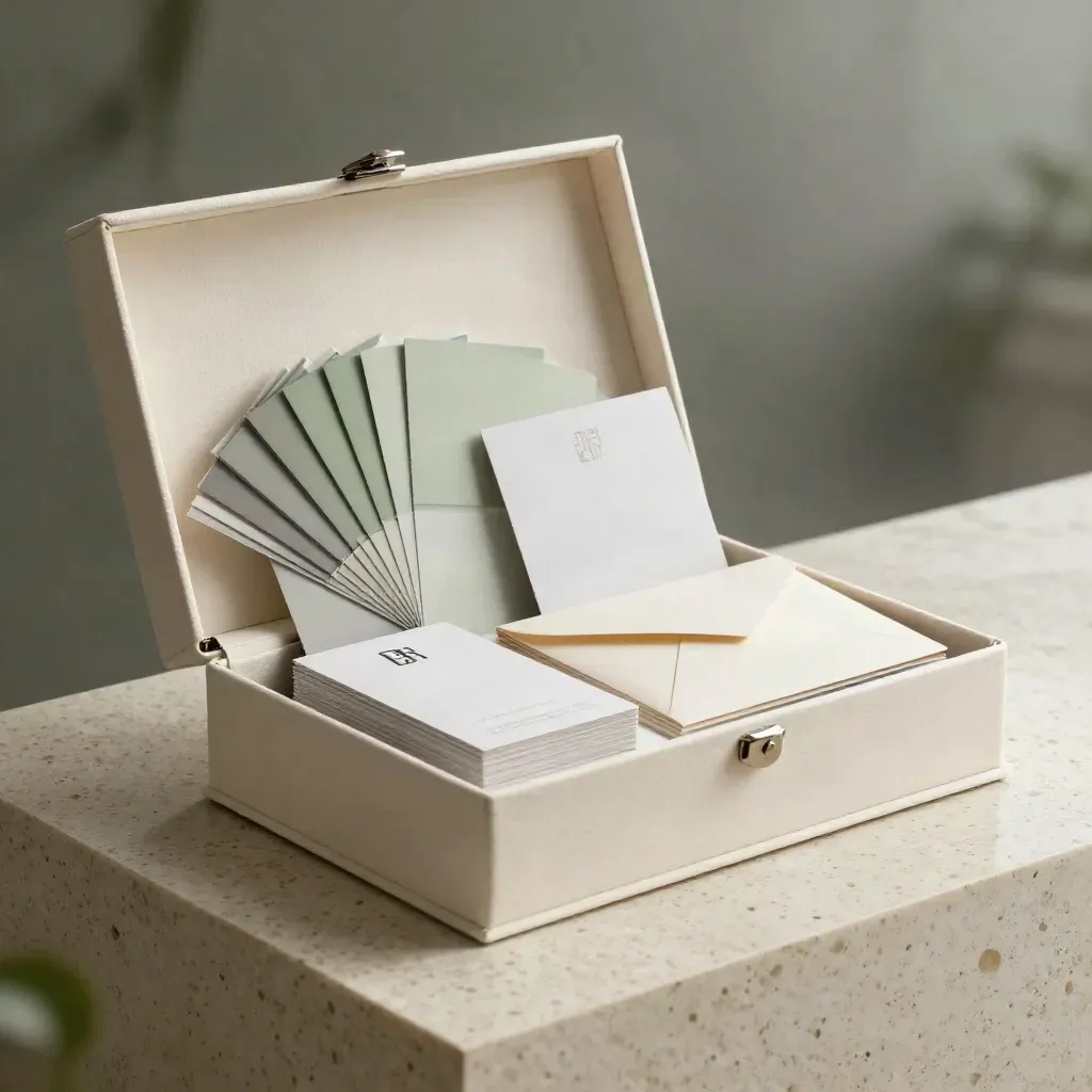 Coffret d’identité ivoire ouvert, nuanciers sage et cartes de logo sur travertin, lumière matinale.