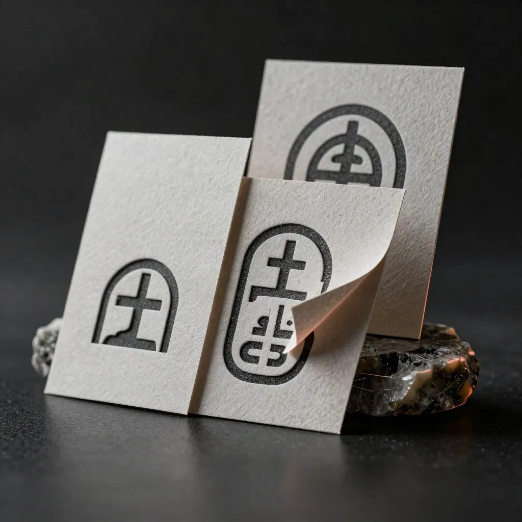 Système de logo en papier texturé sur socle minéral, lumière dramatique et reflet humide.