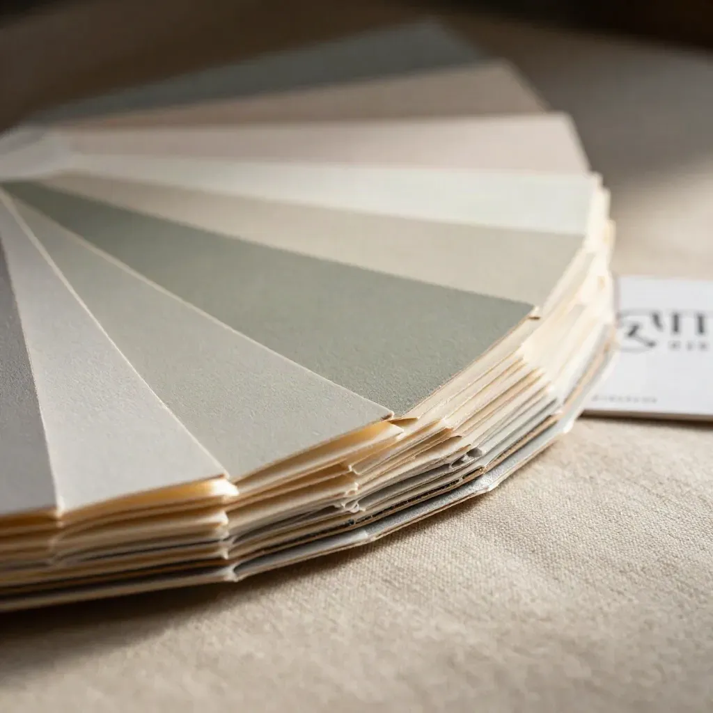 Nuancier en carton mat sur lin brut, avec bandes de papier coton et échantillons vert sauge.