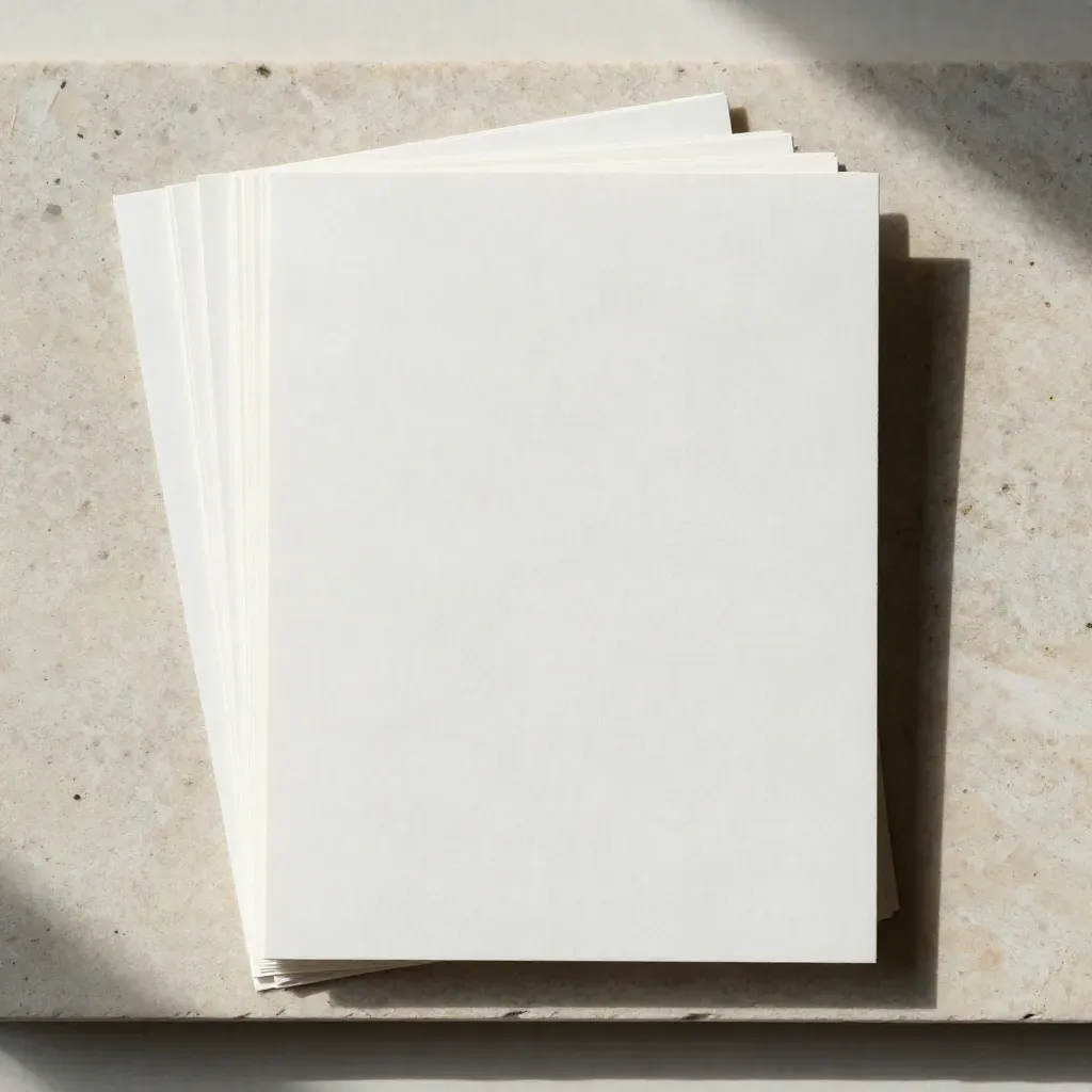 Cartes vierges alignées sur une dalle claire, avec ombres douces et grain visible.