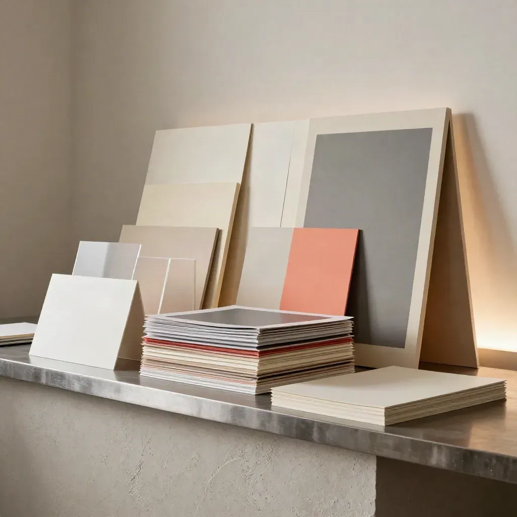 Empilement de maquettes, tirages et nuanciers dans une scène studio dramatique avec accent corail.