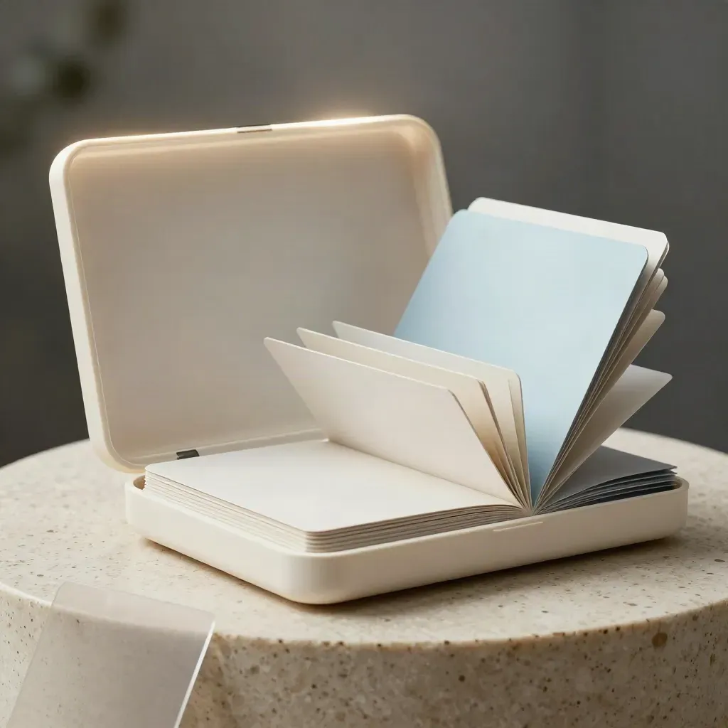 Coffret carré de templates Instagram avec cartes vierges ouvertes en accordéon sur travertin.
