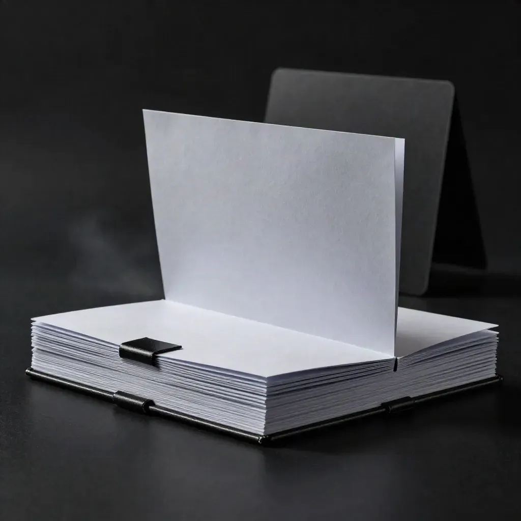 Livret compact d’audit site en gros plan sur fond noir, avec pages relevées.