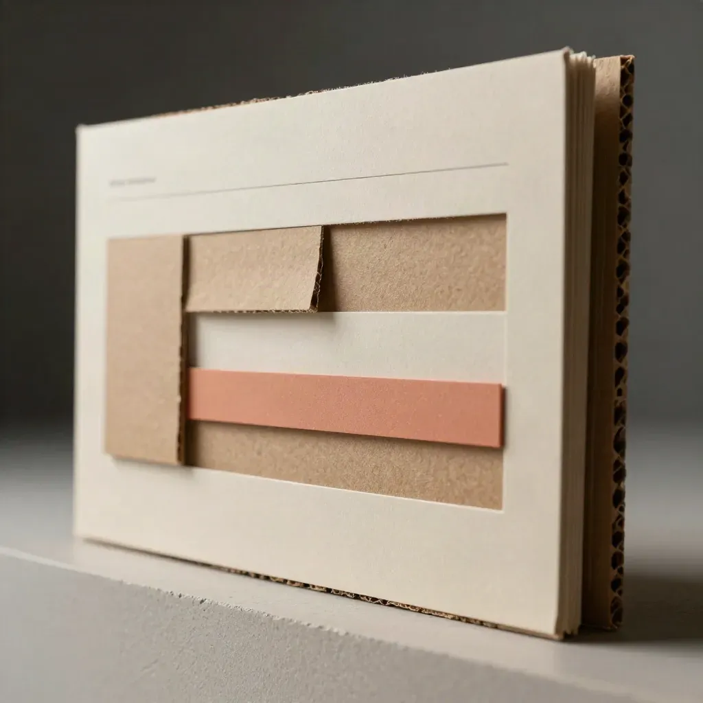 Maquette de page d’accueil en carton en relief, lumière rasante et accent corail.