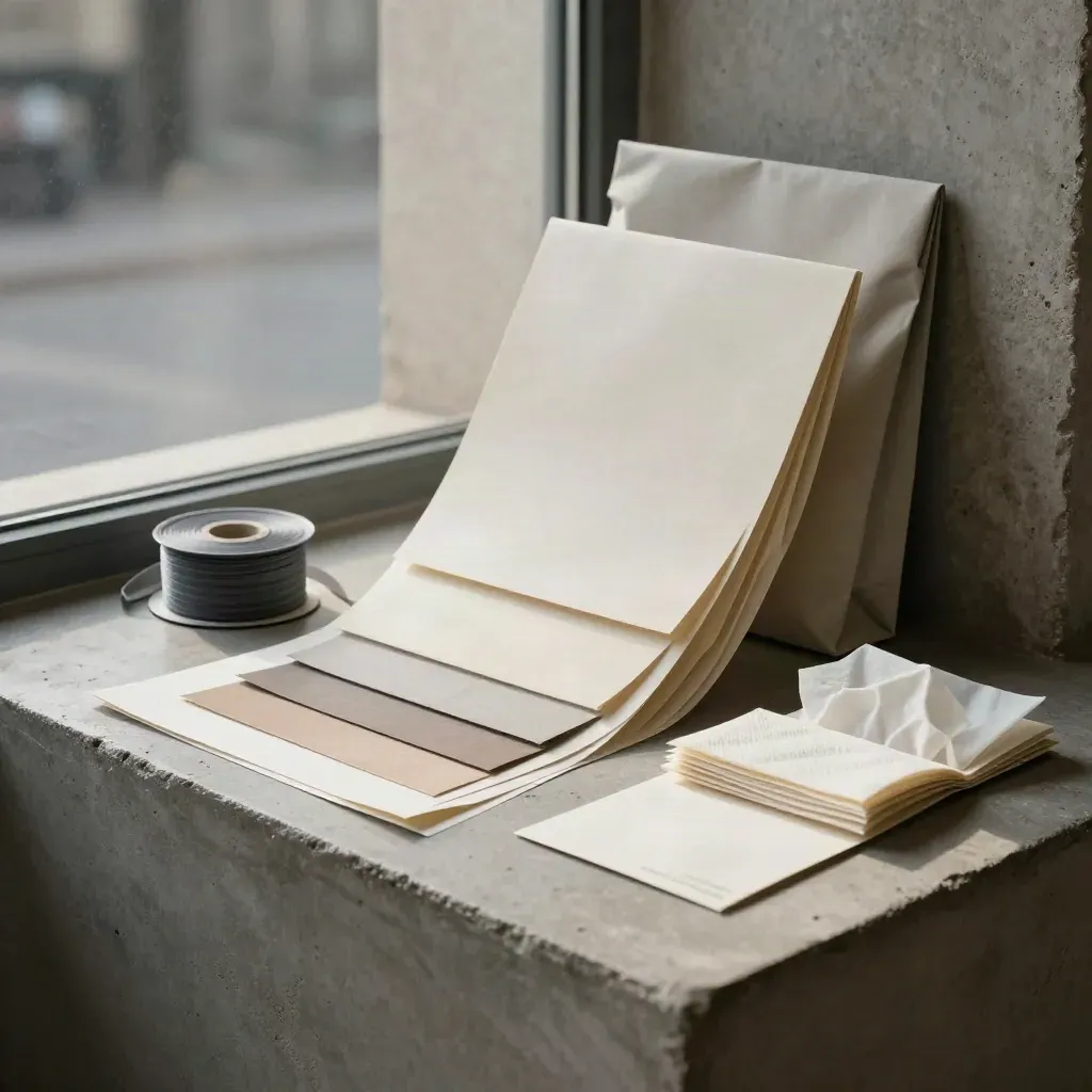 Habillage boutique avec papiers, ruban, pochette et échantillons de sac sur béton clair.