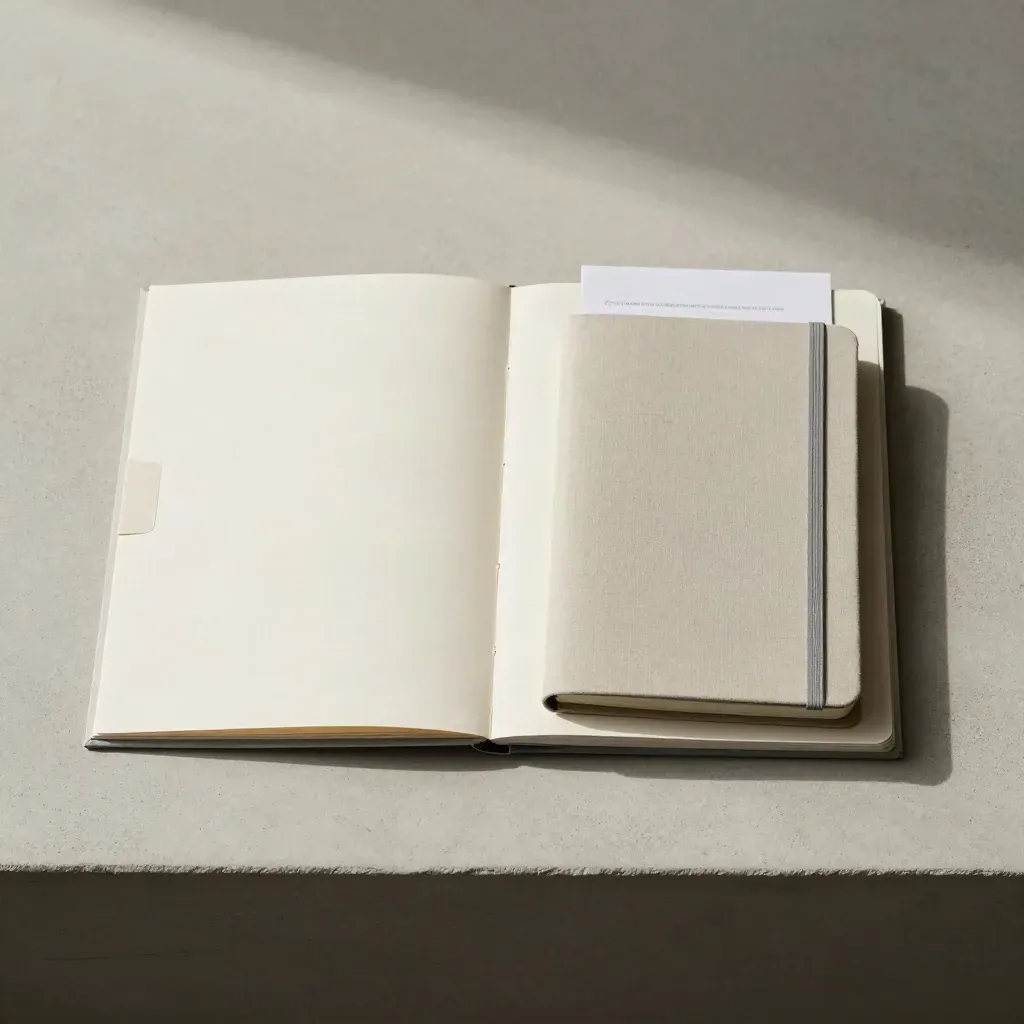 Dossier mensuel compact, fiches classées et carnet fermé sur dalle claire.