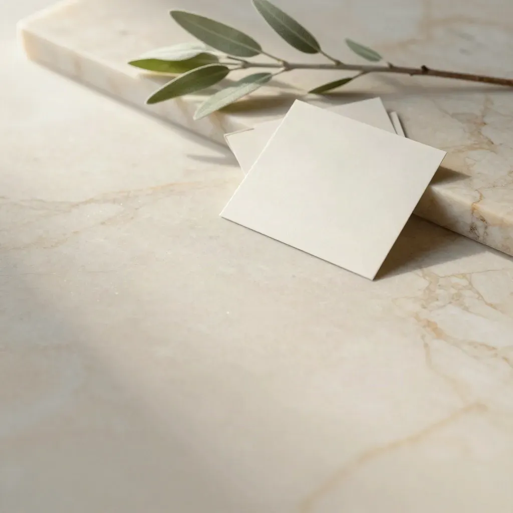 Dalle de marbre crème avec branche de sauge et cartes floues en arrière-plan.