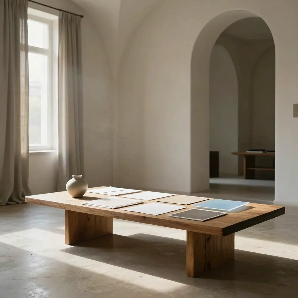 Atelier minimal clair avec arches, table en chêne, lin et lumière douce.
