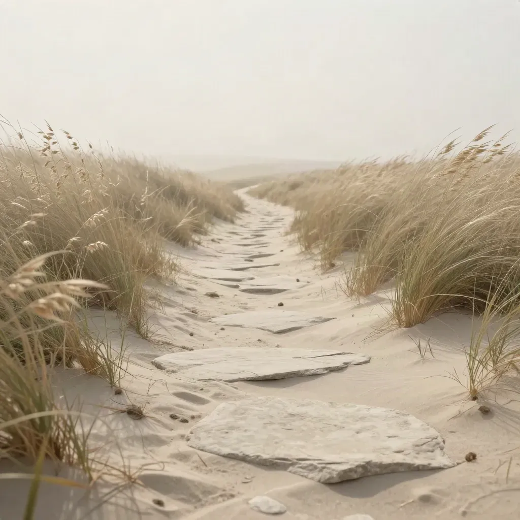 Sentier de grès pâle dans des graminées souples sous un ciel voilé et venteux.