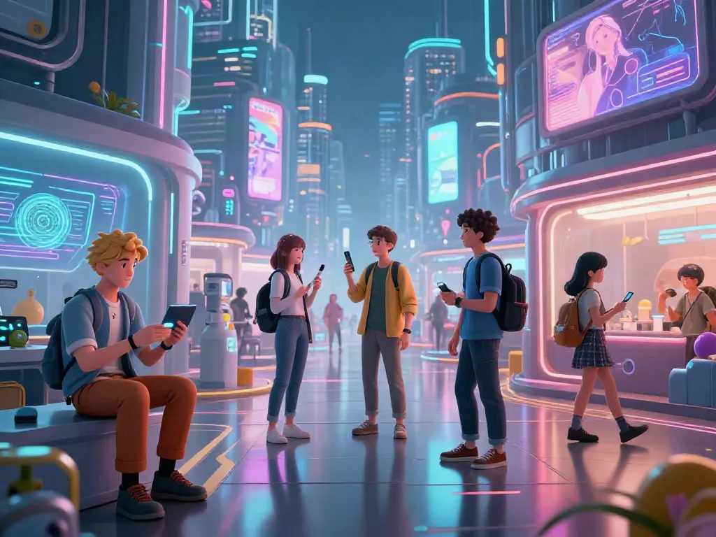 Engaging futa AI characters in a vibrant cyberpunk virtual landscape exploring diverse interactions