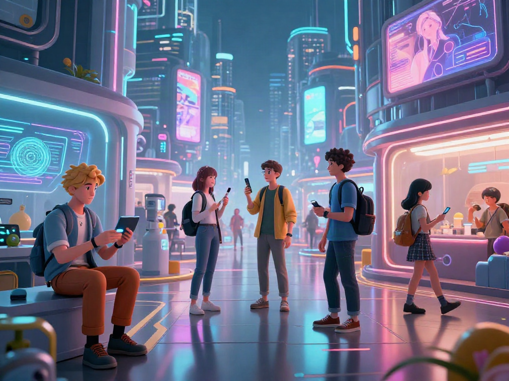 Engaging futa AI characters in a vibrant cyberpunk virtual landscape exploring diverse interactions